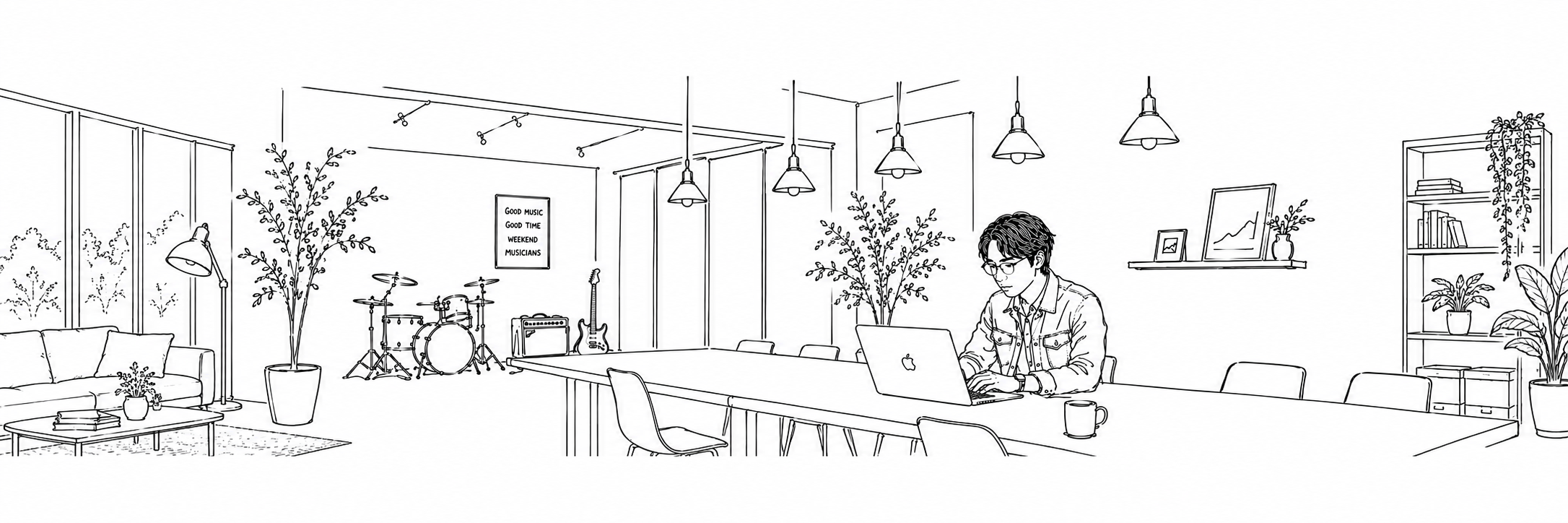 Line illustration of Tosh working on a laptop in a music-filled space